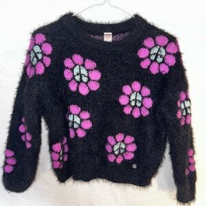 Justice Black Fuzzy Eyelash Crew Neck Sweater w/ Pink Peace Flowers Size M (10)